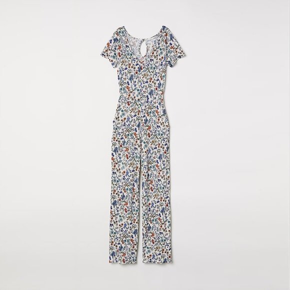H & M Natural White Floral Jersey Jumpsuit, Size Small - Picture 1 of 4